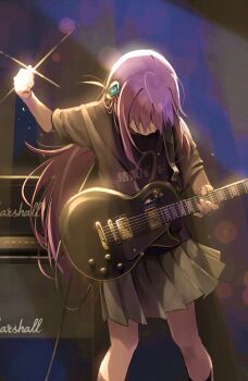 1girl black_shirt bocchi_the_rock! cable commentary_request cube_hair_ornament electric_guitar feet_out_of_frame gibson_les_paul glint gotoh_hitori greenkohgen grey_skirt guitar hair_ornament hand_up highres instrument kessoku_band_logo kessoku_band_t-shirt long_hair looking_down music official_alternate_costume pink_hair playing_guitar playing_instrument pleated_skirt shirt skirt solo standing t-shirt