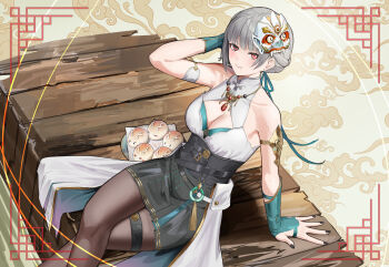 1girl absurdres anoreika_tomoe aqua_gloves aqua_ribbon arm_on_own_head bare_shoulders black_nails black_pantyhose black_skirt breasts cleavage closed_mouth collar commentary crossed_legs english_commentary feet_out_of_frame gloves hair_ribbon highres looking_at_viewer mask mask_on_head medium_breasts mismatched_irises mole mole_under_eye nail_polish official_alternate_costume pantyhose red_eyes ribbon sanhua_(exorcistic_adjuration)_(wuthering_waves) sanhua_(wuthering_waves) short_hair sitting skirt solo thigh_strap underbust white_collar wuthering_waves