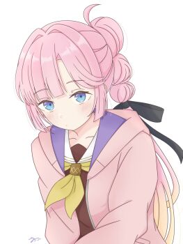 Rule 34 | 1girl, ahoge, anyoji hime, black ribbon, blonde hair, blunt bangs, blunt sidelocks, blush, brown dress, buchiko (shakishaki25726), collarbone, commentary, dress, gradient hair, hair intakes, hair ribbon, hasu no sora school uniform, highres, hood, hooded jacket, jacket, link! like! love live!, long sleeves, looking at viewer, love live!, multi-tied hair, multicolored hair, neckerchief, open clothes, open jacket, pink hair, pink jacket, ponytail, ribbon, sailor collar, sailor dress, school uniform, sidelocks, signature, simple background, solo, upper body, virtual youtuber, white background, white sailor collar, winter uniform, yellow neckerchief