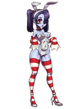 Rule 34 | 1girl, 4m4y0r1, amayori, blue hair, breasts, detached sleeves, high heels, large breasts, leotard, one eye covered, playboy bunny, rabbit ears, red eyes, skullgirls, squigly (skullgirls), striped clothes, striped thighhighs, thighhighs, twintails, zombie