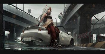 1girl absurdres ahoge animal_ear_fluff animal_ears artist_name bandaged_arm bandages black_shirt car cat_ears clothes_around_waist crop_top eunos_roadster hazard_stripes headphones headphones_around_neck highres holding_detached_steering_wheel jacket jacket_around_waist kokono_ka letterboxed license_plate long_hair mazda mazda_mx-5 mazda_mx-5_nd mazda_roadster midriff motor_vehicle multicolored_hair navel on_car original outdoors overpass pants puddle rain red_hair red_pants reflection reflective_liquid road road_sign shirt shoes sign sneakers solo speed_limit_sign steering_wheel water white_car white_hair yellow_eyes