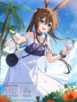 1girl :d alternate_costume amiya_(arknights) animal_ears arknights bag blank_speech_bubble blue_choker blue_eyes blue_sky blush choker day dress floating_hair flower hair_ornament hairclip handbag hibiscus highres jewelry leaning_forward long_hair looking_at_viewer miyanami_3 multiple_rings off-shoulder_dress off_shoulder open_mouth outdoors outstretched_arm palm_tree polka_dot ponytail rabbit_ears red_flower ring scrunchie short_sleeves shoulder_bag sidelocks sky smile solo speech_bubble tree white_dress white_flower wrist_scrunchie