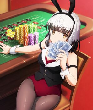 1girl animal_ear_hairband animal_ears black_hair black_hairband black_vest breasts brown_eyes brown_pantyhose card casino chair cleavage closed_mouth colored_tips cowboy_shot fake_animal_ears game_cg grey_hair hairband holding holding_card indoors large_breasts leotard looking_at_viewer medium_hair multicolored_hair official_art on_chair pantyhose playing_card poker_chip rabbit_ear_hairband rabbit_ears red_leotard roulette_table satsuki_yomi sitting sleeveless solo sparkle table third-party_source toji_no_miko toji_no_miko:_kizamishi_issen_no_tomoshibi vest white_wrist_cuffs wrist_cuffs