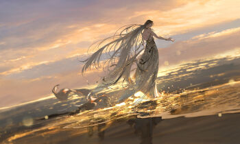 1girl backless_dress backless_outfit beach brown_hair cloud cloudy_sky commentary_request dress from_behind full_body gold_wrist_cuffs gujian_qitan gujian_qitan_3 highres ibuki_satsuki long_hair outdoors reflection reflective_liquid sitting_on_water sky solo twilight very_long_hair wide_shot yun_wuyue_(gujian_qitan)