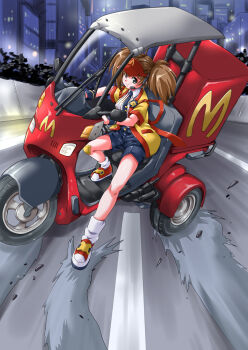 1girl absurdres akira_(manga) akira_movie_poster akira_slide badge black_eyes black_shorts blush breasts brown_hair building button_badge city cityscape closed_mouth commentary delivery drifting driving foliage food_delivery_box gauze_on_knee hat headset highres highway imadake_dabuchi_tabemi light_blush light_smile looking_at_viewer loose_hair_strand mcdonald&#039;s medium_breasts medium_hair microphone motor_vehicle motorcycle nao_takami night open_happi outstretched_foot pinstripe_pattern pinstripe_shirt red_footwear red_hat red_shirt red_trim road scene_reference shards shirt short_sleeves shorts skid_mark skyscraper smile socks solo striped_clothes striped_shirt three-wheeler tie_clip twintails velcro_footwear vertical-striped_clothes vertical-striped_shirt visor_cap white_shirt white_socks white_trim windshield yellow_happi