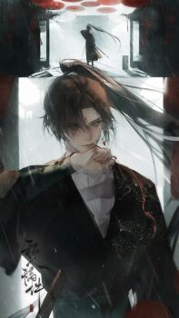 1boy absurdres aegyo_sal architecture blood blood_from_mouth blood_on_face brown_eyes brown_hair chinese_clothes closed_mouth day east_asian_architecture eyelashes floating_hair hanfu highres lips long_hair looking_at_viewer male_focus multiple_views original parted_bangs ponytail rain red_umbrella sunlight umbrella very_long_hair water_drop watermark wind yu_mu_naodai