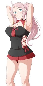 Rule 34 | 1girl, absurdres, ahoge, armpits, arms up, blue eyes, blue one-piece swimsuit, blush, breasts, cleavage, closed mouth, cross-laced clothes, cross-laced one-piece swimsuit, feet out of frame, hair ornament, hairclip, highres, large breasts, looking at viewer, love live!, love live! nijigasaki high school idol club, love live! nijigasaki high school idol club the movie - finale, mole, mole under eye, one-piece swimsuit, pink hair, sidelocks, simple background, solo, swimsuit, uchuu no mozuku, white background, zhong lanzhu