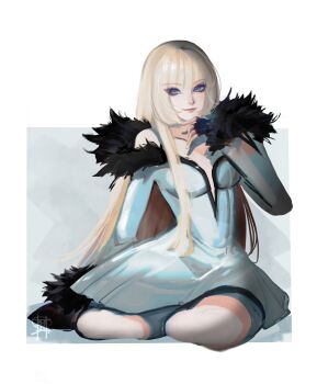 1girl black_gloves blonde_hair blunt_bangs commentary_request dress emilie_de_rochefort fingerless_gloves fur-trimmed_dress fur_trim gloves highres long_hair looking_at_viewer robinnism smile solo tekken tekken_8 white_dress