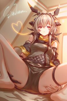 Rule 34 | 1girl, absurdres, arknights, bare shoulders, bedroom, black gloves, black shorts, breasts, chinese commentary, commentary request, dot nose, expressionless, from below, glint, gloves, grey hair, hair intakes, hands on own thighs, highres, indoors, long hair, looking at viewer, medium breasts, off shoulder, on bed, red eyes, shi-zhen, short shorts, shorts, signature, single glove, solo, spread legs, weedy (arknights)