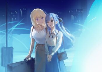 Rule 34 | 2girls, backpack, bag, bang dream!, bang dream! it's mygo!!!!!, black ribbon, blonde hair, blue hair, breasts, brown bag, brown skirt, closed mouth, commentary, grey skirt, hair ribbon, hashtag-only commentary, highres, instrument case, long hair, long sleeves, medium hair, misumi uika, multiple girls, neck ribbon, open mouth, purple eyes, ribbon, shirt, short hair, shoulder bag, sidelocks, skirt, togawa sakiko, white shirt, xinyi6239222644, yellow eyes