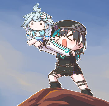 &gt;_&lt; 1girl ahoge black_hair blue_eyes blue_hair braid breasts cliff highres hololive hololive_dev_is lifting_person long_hair meme mizumiya_su multicolored_hair multiple_girls parody pink_hair rafiki_holding_simba_(meme) rindo_chihaya serizawa_enono smile streaked_hair the_lion_king virtual_youtuber white_hair