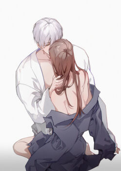 1boy 1girl absurdres azha8 bare_shoulders barefoot black_shirt brown_hair collarbone couple covered_mouth facing_away full_body hair_between_eyes half-closed_eyes hand_in_another&#039;s_hair hetero highres implied_kiss light_and_night_love long_hair looking_at_another naked_shirt off_shoulder open_clothes open_shirt oversized_clothes protagonist_(light_and_night_love) qi_sili shirt short_hair sitting sleeves_past_fingers sleeves_past_wrists white_background white_hair white_shirt yellow_eyes