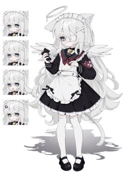 Rule 34 | 1girl, animal ear fluff, animal ears, apron, armband, bad id, bad twitter id, bell, black choker, black dress, black shoes, blue eyes, cat ears, cat girl, cat tail, choker, closed mouth, dress, expressionless, eyepatch, frilled apron, frilled dress, frills, full body, hair between eyes, halo, highres, holding, holding stuffed toy, kuro yagi (usosakana), long hair, long sleeves, looking at viewer, maid, maid apron, maid headdress, medical eyepatch, neck bell, original, red armband, shoes, simple background, standing, stuffed animal, stuffed toy, tail, teddy bear, thighhighs, very long hair, white apron, white background, white hair, white thighhighs, wings