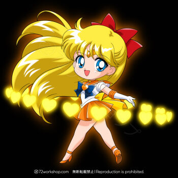 1girl 72workshop aino_minako back_bow bishoujo_senshi_sailor_moon blonde_hair blue_bow blue_bowtie blue_eyes bow bowtie brooch chibi choker circlet earrings elbow_gloves gem gloves hair_bow heart heart_brooch high_heels highres jewelry long_hair looking_at_viewer orange_choker orange_gemstone orange_sailor_collar orange_skirt pleated_skirt sailor_collar sailor_senshi_uniform sailor_venus skirt smile solo star_(symbol) star_choker stud_earrings super_sailor_venus white_gloves yellow_bow