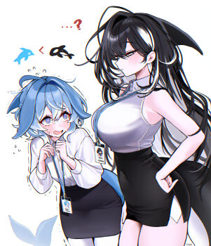 2girls @_@ absurdres ahoge bare_arms bare_shoulders black_hair black_skirt blue_hair blush breasts cetacean_tail closed_mouth collared_shirt covered_navel delfi_(haze_(7h4ze)) dolphin dress_shirt fins fish_tail flying_sweatdrops half-closed_eyes hand_on_own_hip haze_(7h4ze) height_difference high-waist_skirt highres id_card large_breasts long_hair long_sleeves looking_at_another motion_lines multicolored_hair multiple_girls office_lady open_mouth orca orca_(haze_(7h4ze)) original pantyhose purple_eyes scared shirt short_hair skirt sleeveless sleeveless_shirt tail trembling two-tone_hair very_long_hair white_eyes white_hair white_pantyhose white_shirt wing_collar