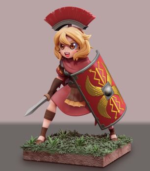 1girl 3d armor blonde_hair borrowed_character brown_eyes centurii-chan_(character) commentary english_commentary gauntlets gladius grass greco-roman_clothes highres holding holding_shield holding_sword holding_weapon medium_hair miniature original plume red_robe robe roman_clothes shield simple_background soldier solo sword thegreatpipmax weapon