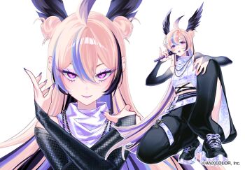 Rule 34 | 1girl, ahoge, black hair, blonde hair, blush, commentary, copyright notice, detached sleeves, double bun, english commentary, enna alouette, eyeshadow, full body, hair between eyes, hair bun, head wings, highres, jewelry, linea alba, long hair, looking at viewer, makeup, multicolored hair, multiple views, necklace, nijisanji, nijisanji en, nrnmarie, purple eyes, purple eyeshadow, purple hair, purple lips, purple nails, shoes, side slit pants, simple background, sneakers, streaked hair, virtual youtuber, white background, wings