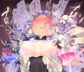 3girls angel angel_and_devil angel_wings angello_vaalmonica black_bow black_corset black_dress black_thighhighs bow braid breasts breasts_out chibi closed_eyes commentary_request corset covered_erect_nipples demon_girl demon_horns demon_wings dimonno_vaalmonica double_bun dress duel_monster embarrassed frilled_dress frills hair_bun hat head_back highres homura_subaru horns lactation large_breasts licking licking_another's_face long_hair long_sleeves looking_at_another multiple_girls nipple_rub nipple_stimulation nipples open_mouth pink_hair purple_hair selettrice_vaalmonica speech_bubble thighhighs thighs tongue tongue_out translation_request twin_braids very_long_hair white_dress wings yu-gi-oh!