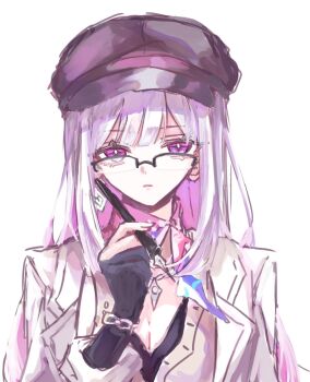 1girl ame_00531 black_hat breasts bright_pupils cleavage colored_inner_hair commentary_request earrings glasses gloves hand_up hat highres holding holding_pen honkai:_star_rail honkai_(series) jacket jewelry looking_at_viewer multicolored_hair nib_pen_(object) nihilux_(honkai:_star_rail) partially_fingerless_gloves pen pink_hair purple_eyes scarf semi-rimless_eyewear simple_background single_earring solo upper_body white_background white_hair white_jacket white_pupils