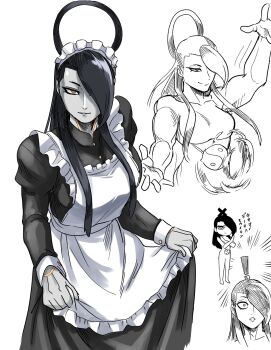 1girl black_hair breasts closed_mouth colored_skin female_seth_(street_fighter) grey_skin hair_over_one_eye hair_rings highres long_hair looking_at_viewer maid metal_skin muscular muscular_female nasu_(ilo_a5) ringed_eyes simple_background single_hair_ring smile solo street_fighter street_fighter_v very_long_hair white_background yellow_eyes yin_yang