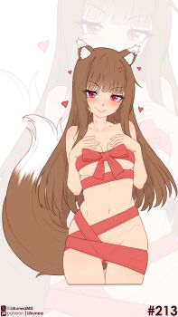 1girl absurdres animal_ears blush breasts brown_hair commentary english_commentary fang heart highres holo likunea long_hair naked_ribbon navel nude patreon_logo patreon_username red_eyes red_ribbon ribbon sidelocks simple_background smile solo spice_and_wolf tail twitter_username twitter_x_logo underboob wolf_ears wolf_girl wolf_tail zoom_layer