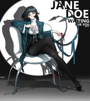 1girl absurdres alternate_costume animal_ears artist_name black_hair black_pantyhose black_shoes blue_coat blue_eyes blue_ribbon breasts chair character_name chinese_commentary closed_mouth coat commentary commentary_request crossed_legs dark_background dated earrings english_text full_body highres holding holding_knife holding_letter impossible_clothes impossible_shirt jane_doe_(zenless_zone_zero) jewelry knife large_breasts letter looking_to_the_side mouse_ears mouse_girl mouse_tail multicolored_hair necklace on_chair pantyhose pendant red_hair red_nails ribbon shadow sharp_tail shirt shoes sitting smile solo tail turtleneck unworn_shoes white_shirt xm_(rvgj8487) zenless_zone_zero