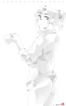 1girl amagami ass character_name closed_mouth coffee_mug collared_shirt commentary_request cowboy_shot cup from_behind greyscale hair_ornament hair_scrunchie highres holding holding_cup long_sleeves looking_at_viewer looking_back medium_hair mike156 monochrome mug official_alternate_hairstyle panties ponytail scrunchie shirt signature simple_background sketch solo tanamachi_kaoru thong underwear white_background
