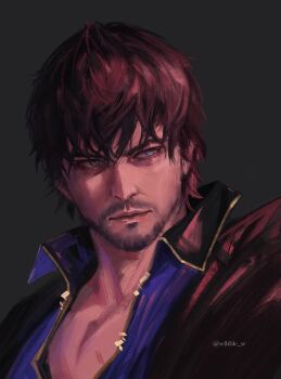 1boy absurdres barnabas_tharmr black_background black_jacket blue_eyes blue_shirt brown_hair closed_mouth collared_shirt commentary english_commentary facial_hair final_fantasy final_fantasy_xvi highres jacket lips looking_to_the_side male_focus open_collar portrait shirt sideways_glance simple_background solo twitter_username upper_body wibble_w