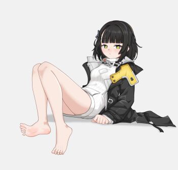 Rule 34 | 1girl, arknights, arknights: endfield, barefoot, black hair, endministrator (arknights), feet, female endministrator (arknights), highres, langui moxia, light blush, looking at viewer, medium hair, soles, toes, yellow eyes
