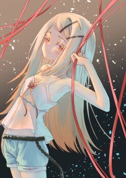 1girl absurdres armpits belt black_belt blonde_hair blue_shorts blush breasts camisole cleavage closed_mouth collarbone colored_eyelashes commentary_request cowboy_shot denim denim_shorts from_side gakuen_idolmaster gradient_background hair_ornament hairclip highres holding holding_ribbon idolmaster kinako_mochi long_hair looking_at_viewer midriff orange_eyes parallel_hairclips red_ribbon ribbon rope_belt shinosawa_hiro shorts sidelighting small_breasts smile solo split_mouth white_camisole