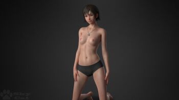 1girl 3d bad_id bad_pixiv_id breasts brown_eyes brown_hair female_focus final_fantasy final_fantasy_xv highres iris_amicitia jewelry necklace nipples short_hair sky_cat small_breasts smile solo topless_female underwear