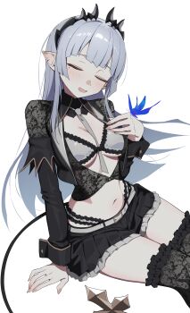 1girl absurdres black_thighhighs bra breasts closed_eyes detached_collar frilled_skirt frills grey_hair grey_necktie highres honey_strap long_hair medium_breasts miniskirt nanashi_inc. navel necktie pleated_skirt pointy_ears shrug_(clothing) sitting skirt sougetsu_eli stomach syhan thighhighs underboob underwear very_long_hair virtual_youtuber zettai_ryouiki