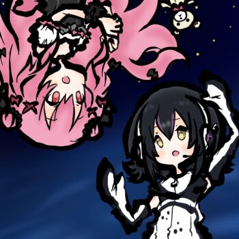 Rule 34 | 2girls, black hair, dress, elbow gloves, gloves, headphones, himekuma ribon, hood, hoodie, humboldt penguin (kemono friends), kemono friends, kemono friends v project, long hair, microphone, multiple girls, penguin girl, pink eyes, pink hair, re:act, ribbon, short hair, simple background, sleeveless, space, stuffed animal, stuffed toy, tanuki kamen, teddy bear, virtual youtuber, yellow eyes