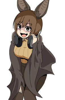 1girl animal_ears bat_ears bat_girl bat_wings black_eyes breasts brown_hair brown_pants commentary_request empty_eyes eyes_visible_through_hair fang galois hand_on_own_knee headphones headphones_around_neck highres korean_commentary large_breasts leaning_forward open_mouth original pants ribbed_sweater short_hair skin_fang smile solo sweater turtleneck turtleneck_sweater wings yellow_sweater