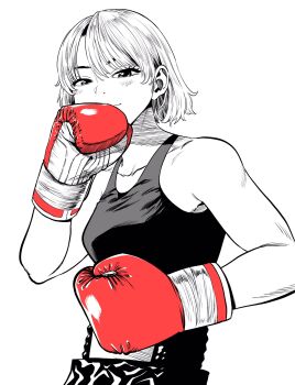 Rule 34 | 1girl, boxing, boxing gloves, boxing shorts, breasts, commentary request, eyebrows hidden by hair, gloves, greyscale, hair behind ear, hatching (texture), highres, lee (dragon garou), light smile, linear hatching, medium breasts, monochrome, original, red gloves, short hair, shorts, solo, spot color, tank top