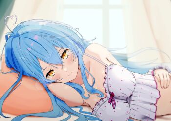 1girl ahoge bare_shoulders bed blue_hair blush breasts camisole closed_mouth collarbone commentary_request elf hair_between_eyes hair_ornament hand_on_own_stomach heart heart_ahoge highres hololive indoors large_breasts long_hair lying navel official_alternate_costume official_alternate_hair_length official_alternate_hairstyle on_bed on_side pointy_ears polka_dot polka_dot_camisole sleepwear solo taachika virtual_youtuber white_camisole yellow_eyes yukihana_lamy yukihana_lamy_(roomwear)