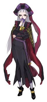 Rule 34 | 1girl, bags under eyes, bell, black cape, black eyes, black hat, black leggings, black robe, black shoes, blunt bangs, buuufg, cape, covering own mouth, empty eyes, full body, furrowed brow, genderswap, genderswap (mtf), grey hair, hand on own opposite hip, hand up, handkerchief, hat, highres, hime cut, holding, holding handkerchief, leggings, long hair, long sleeves, looking to the side, pale skin, puffy long sleeves, puffy sleeves, purple hat, purple sash, purple trim, red trim, robe, rollo flamme, sash, shoes, short bangs, shoulder pads, side slit, sideways glance, simple background, socks, solo, tricorne, twisted wonderland, two-sided fabric, v-shaped eyebrows, very long hair, waist sash, white background, white socks