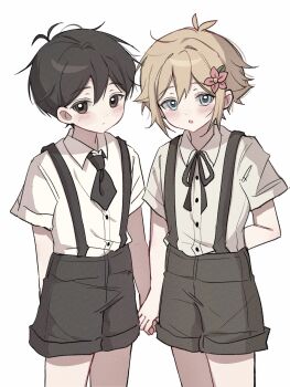 2boys :o absurdres alternate_costume antenna_hair arm_behind_back basil_(faraway)_(omori) basil_(omori) black_eyes black_hair black_necktie black_ribbon black_shorts blonde_hair blush buttons closed_mouth collared_shirt cowboy_shot double-parted_bangs expressionless film_grain flipped_hair flower hair_behind_ear hair_between_eyes hair_flower hair_ornament highres holding_hands leaf looking_at_viewer male_focus multiple_boys neck_ribbon necktie omori open_mouth pink_flower ribbon shirt short_hair short_sleeves shorts simple_background standing sunny_(omori) suspender_shorts suspenders tareme very_short_hair white_background white_shirt wktdms1