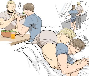 2boys bara bed bed_sheet blonde_hair brown_hair couple eating feeding food fork holding holding_fork hug hug_from_behind incoming_food jack_krauser leon_s._kennedy looking_at_another lying male_focus multiple_boys multiple_views muscular muscular_male on_bed on_side pants pillow resident_evil resident_evil:_the_darkside_chronicles resident_evil_4 shirt short_hair shorts sleeping tatsumi_(psmhbpiuczn) translation_request under_covers white_background yaoi