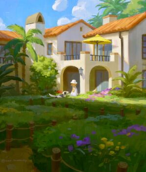 1girl animal balcony blonde_hair blue_sky child chimney cloud commentary day dog dress english_commentary fence flower gutter hat highres house nao_(marley) original outdoors palm_tree path railing road scenery sky solo tree twitter_username white_dress white_hat wide_shot