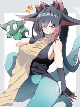 1girl black_gloves black_hair blue_eyes breasts bush dragapult dreepy fingerless_gloves gen_8_pokemon gloves hair_between_eyes hand_up highres kneeling large_breasts long_hair maks_(makusu_210) multicolored_hair nintendo personification pokemon red_hair smile solo tail two-tone_hair