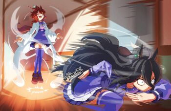 2girls agnes_tachyon_(umamusume) ahoge animal_ears artist_name black_hair bow bowtie brown_hair brown_shoes chemical_structure closed_mouth coat constricted_pupils ear_ornament ear_tag earrings floating grey_hair hair_between_eyes hallway highres horse_ears horse_girl horse_tail huge_ahoge jewelry kiora06 lab_coat long_hair long_hair_between_eyes long_sleeves manhattan_cafe_(umamusume) medium_hair motion_lines multicolored_hair multiple_girls open_mouth pleated_skirt purple_sailor_collar purple_skirt purple_thighhighs running sailor_collar school_uniform shoes signature single_earring skirt smile tail thighhighs tracen_school_uniform umamusume very_long_hair white_bow white_bowtie white_coat wide-eyed yellow_eyes