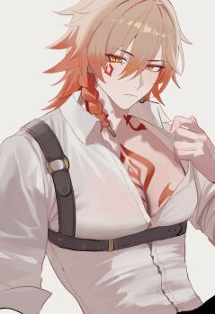 1boy absurdres blonde_hair braid chest_harness chest_tattoo collared_shirt facial_tattoo gradient_hair harness hashtag-only_commentary hazozoyaku highres honkai:_star_rail honkai_(series) large_pectorals looking_at_viewer male_focus medium_hair multicolored_hair mydei_(honkai:_star_rail) pectoral_cleavage pectorals red_hair red_tattoo shirt side_braid simple_background solo tattoo upper_body white_background white_shirt yellow_eyes
