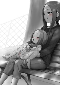 2girls :q age_difference babu bar_censor blush brown_hair censored closed_eyes commentary english_commentary female_focus fingering full_body greyscale highres incest karakai_jouzu_no_(moto)_takagi-san karakai_jouzu_no_takagi-san loli long_sleeves monochrome mother_and_daughter multiple_girls nishikata_chii onee-loli pants pussy short_hair sidelocks sitting spread_legs takagi-san tongue tongue_out yuri