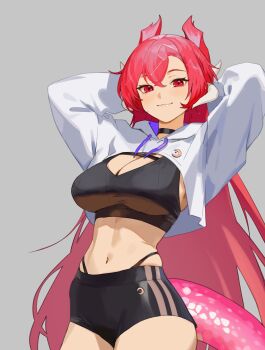 1girl absurdres arms_behind_head breasts choker commentary cowboy_shot dragon_girl dragon_horns dragon_tail english_commentary grey_background hair_between_eyes highres horns indie_virtual_youtuber large_breasts long_hair looking_at_viewer navel pink_hair shorts simple_background smile solo tail thernz very_long_hair vienna_(2nd_costume)_(vtuber) vienna_(vtuber)