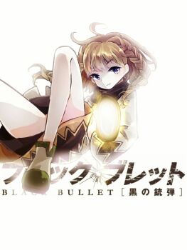 1girl aiming aiming_at_viewer black_bullet blue_eyes braid brown_hair brown_skirt closed_mouth commentary_request copyright_name foot_out_of_frame green_shoes long_sleeves looking_at_viewer lying medium_hair on_back pantyhose senju_kayo shinjitsu_no_kuchi shirt shoes simple_background skirt solo v-shaped_eyebrows white_background white_pantyhose white_shirt