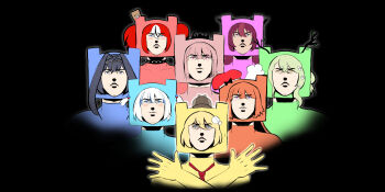 6+girls absurdres antlers beret black_background black_crown blonde_hair blue_eyes blue_hair blue_streaks blush bohemian_rhapsody ceres_fauna chain chain_hairband chef_hat collar comically_serious commentary_request cosplay crossed_arms crown deerstalker demon_horns flower gawr_gura grey_hair hair_flower hair_ornament hakos_baelz hat heterochromia highres hololive hololive_english horns irys_(hololive) korean_commentary medium_hair minchi_(anda) monocle mori_calliope mousetrap multiple_girls multiple_hats necktie orange_hair ouro_kronii outline parody pico_park pink_eyes pink_hair purple_eyes purple_hair queen_(band) red_hair red_hat red_necktie shark_hair_ornament short_hair short_twintails simple_background sketch spiked_collar spikes takanashi_kiara twintails watson_amelia white_flower white_hair white_streaks yellow_eyes