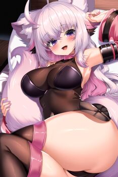 1girl :d absurdres ahoge animal_ear_fluff animal_ears armpits ass bell_sleeves black_leotard black_thighhighs blush breasts cat_ears cat_girl choker colored_inner_hair commission detached_sleeves fang gold_necklace highres holding_own_tail huge_ass indie_virtual_youtuber indoors jewelry jun_(aousa0328) large_breasts leotard long_hair looking_at_viewer lying multicolored_hair nail_polish necklace on_bed open_mouth pink_choker pink_nails purple_eyes ring ring_necklace second-party_source see-through_clothes shiyuonline skeb_commission smile tail thick_thighs thigh_focus thighhighs thighs transparent_leotard white_hair