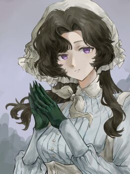 Rule 34 | 1girl, :|, anjo nala, black hair, chinese commentary, closed mouth, coif, commentary request, corset, gloves, green gloves, grey background, hands up, hat, highres, long hair, looking at viewer, neckerchief, own hands together, pinstripe pattern, pinstripe shirt, purple eyes, reverse:1999, shirt, solo, striped clothes, striped shirt, upper body, vertical-striped clothes, vertical-striped shirt, white corset, white hat, white neckerchief, white shirt, z. (emotional93615)