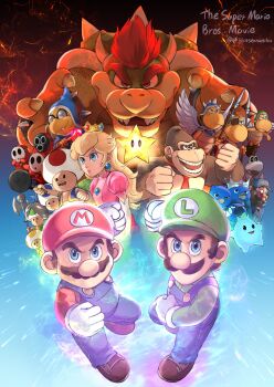 absurdres bowser donkey_kong dry_bones facial_hair foreman_spike hat highres jumping kamek king_penguin_(mario) koopa_general koopa_paratroopa koopa_troopa luigi lumalee mario mario_(series) mustache nintendo penguin_(mario) powering_up princess_peach sasaki_sakiko shy_guy sky snifit super_star_(mario) the_super_mario_bros._movie toad_(mario) transformation universal_studios